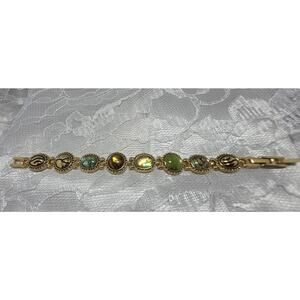 Vintage Gold-Tone Abalone Shell & Art Glass Link Bracelet - Boho Style
